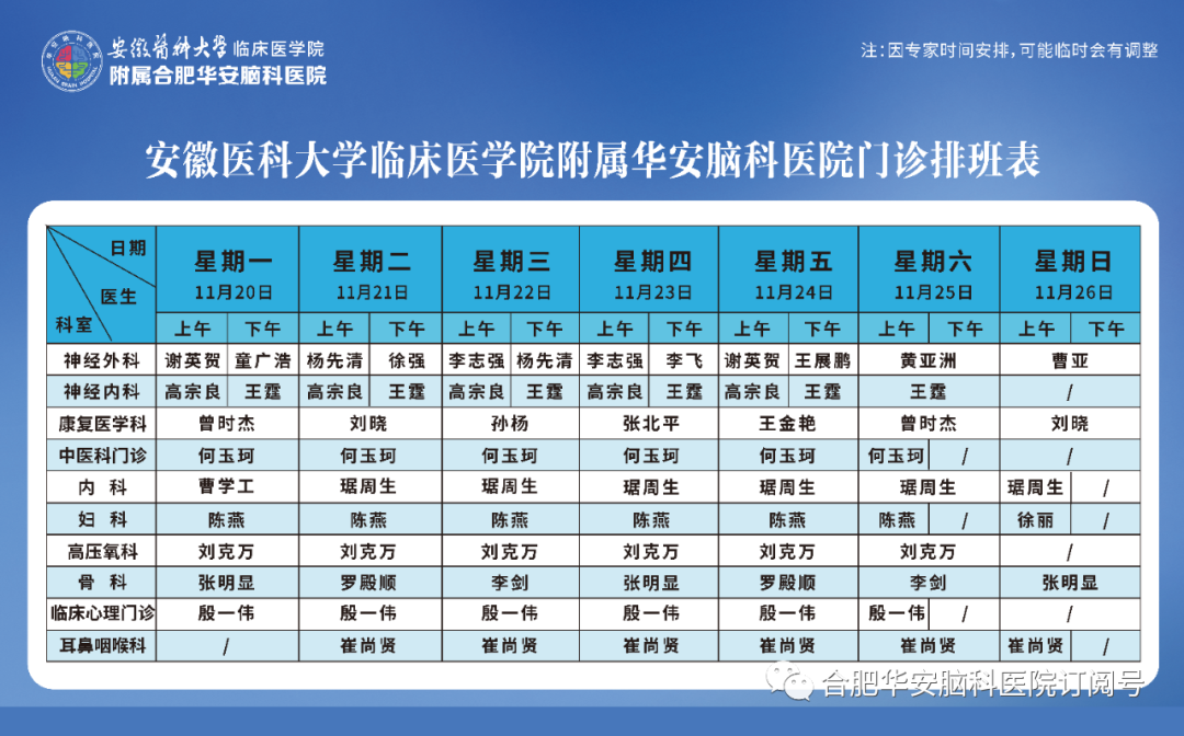 【专家门诊】华安脑科医院2023年11月20日&mdash;11月26日门诊排班表