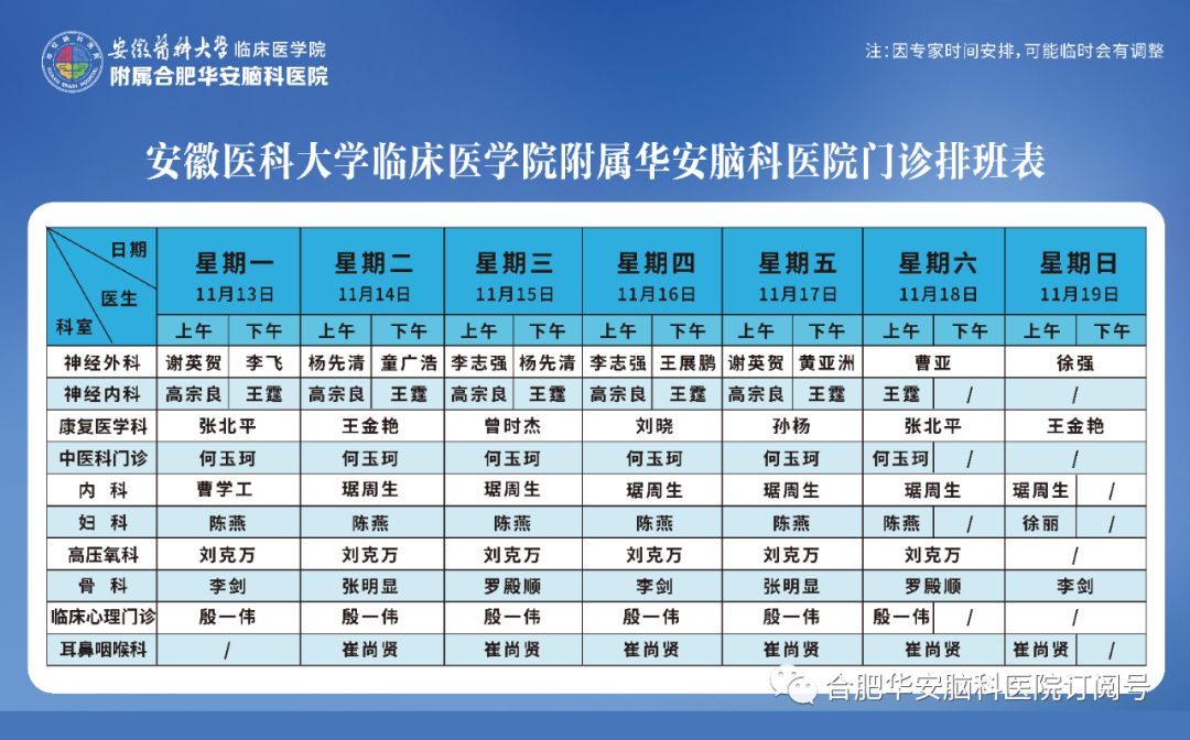 【专家门诊】华安脑科医院2023年11月13日&mdash;11月19日门诊排班表