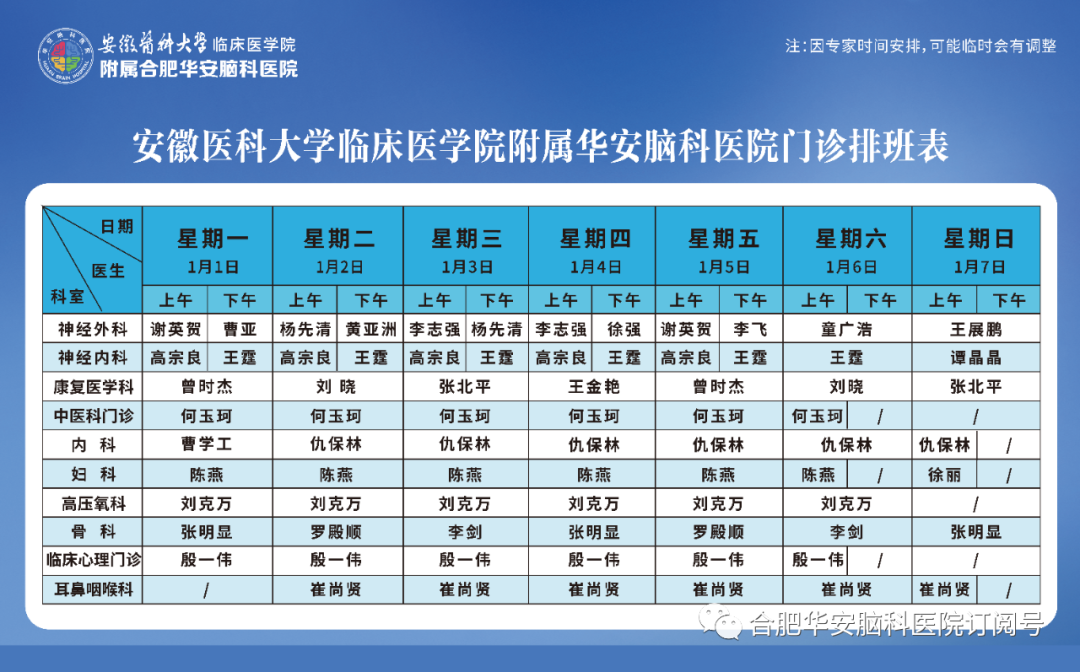 【专家门诊】华安脑科医院2023年1月1日&mdash;1月7日门诊排班表